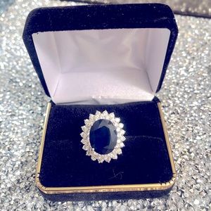 💯AUTH 14k STUNNING WHITE GOLD OVAL SAPPHIRE DIAMOND RING 💍 SZ 7 🤩🛍NWOT
